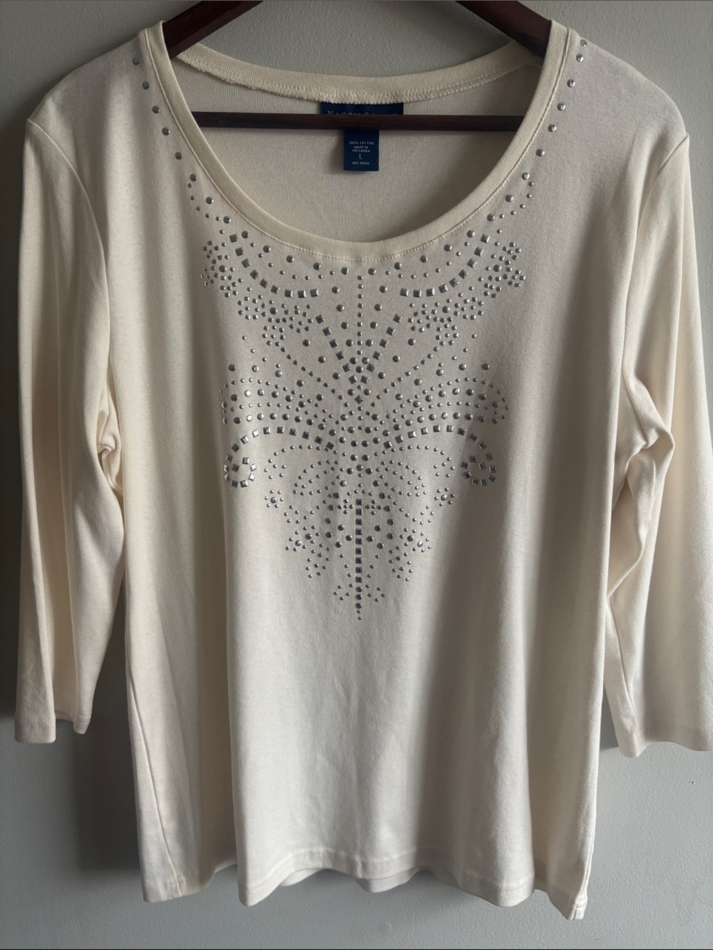 Karen‎ Scott Embellished 3/4 Sleeve Cotton Top Ivory Large Studded Scroll Tee